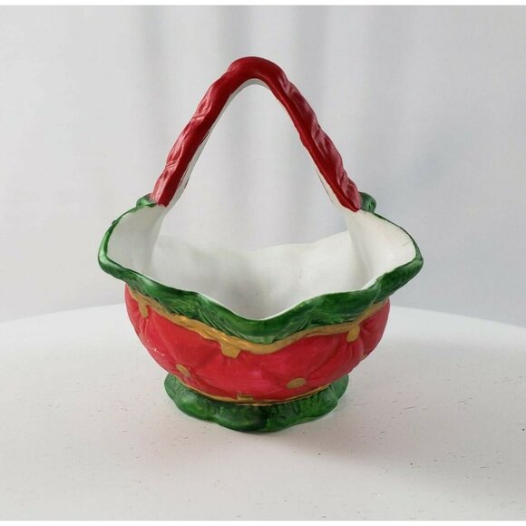 Vintage Porcelain Christmas Basket Red Green Gold - Picture 4 of 6